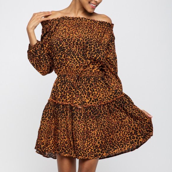 LEOPARD PRINT OFF SHOULDER RUFFLE DRESS - Picture 6 of 9
